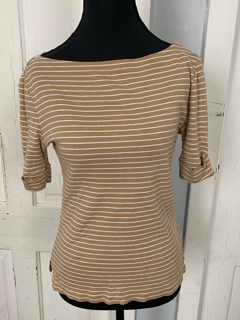 Women's Striped Boatneck Tee in Khaki Tan and Cream